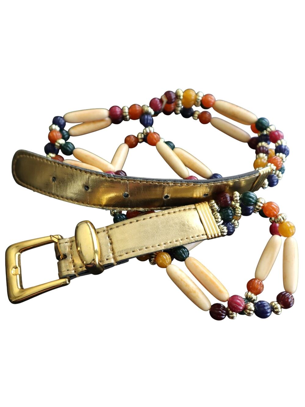 Vintage 80s 90s Beaded Belt Gold Buckle Boho Hippie Retro Womens Small Medium